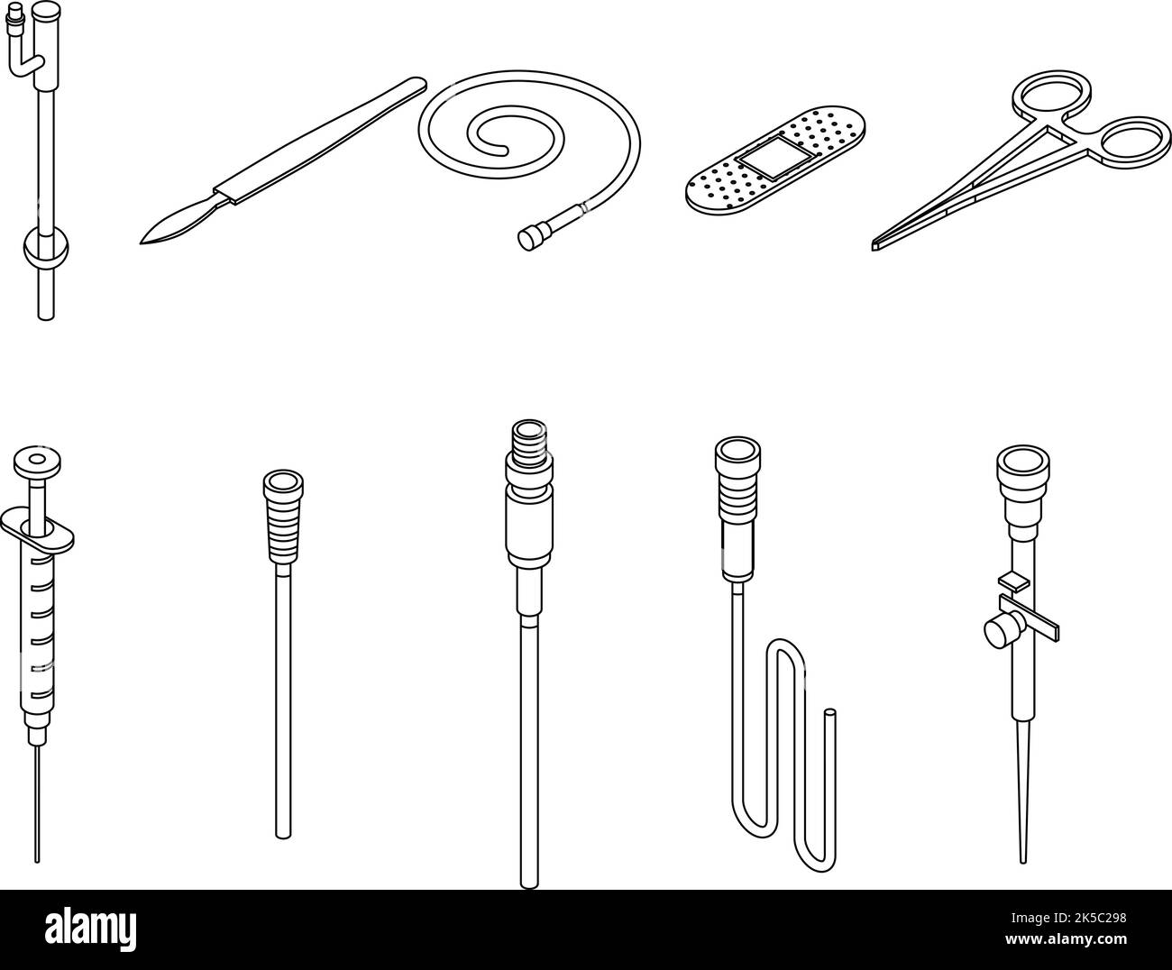 Set di icone del catetere. Serie isometrica di icone vettoriali del catetere con linee sottili su bianco isolato Illustrazione Vettoriale