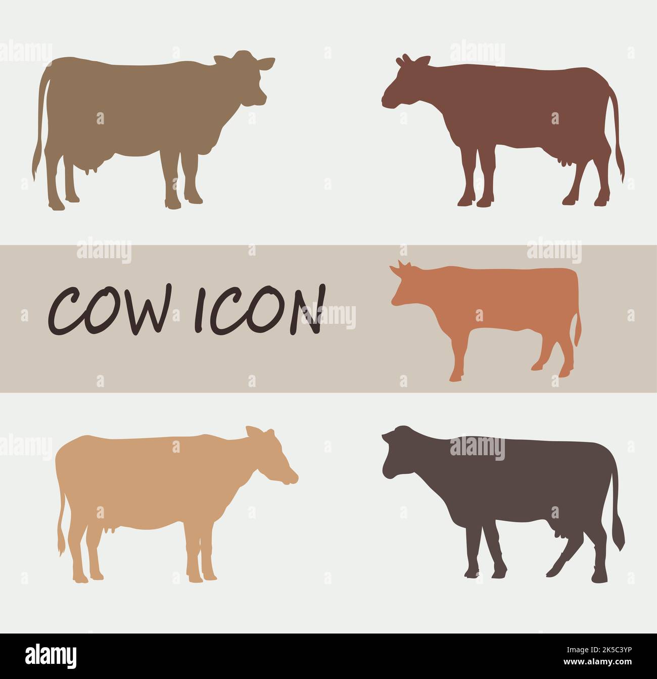 Set di icone colorful Cow Vector. Set di icone per la mucca degli animali domestici Illustrazione Vettoriale
