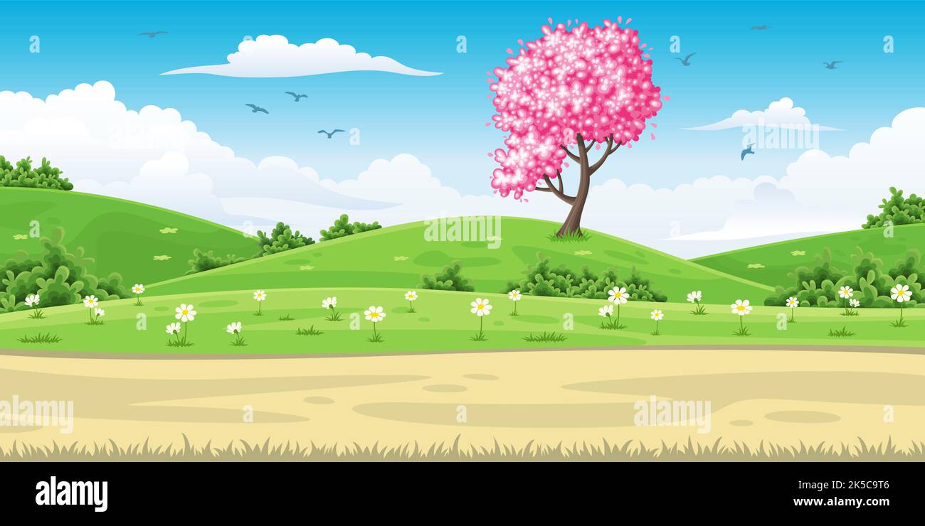 Illustrazione di una molla paesaggio con albero Foto Stock