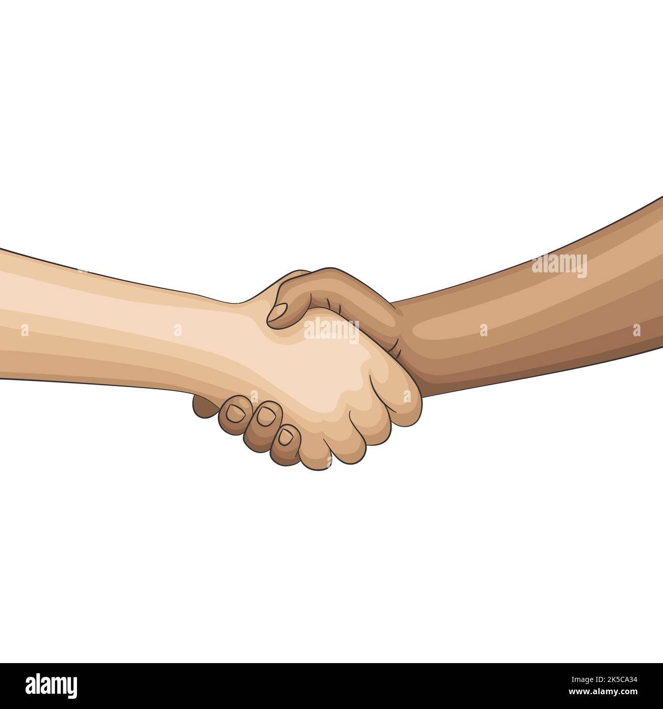 Handshake, design comico. Isolato su sfondo bianco Foto Stock