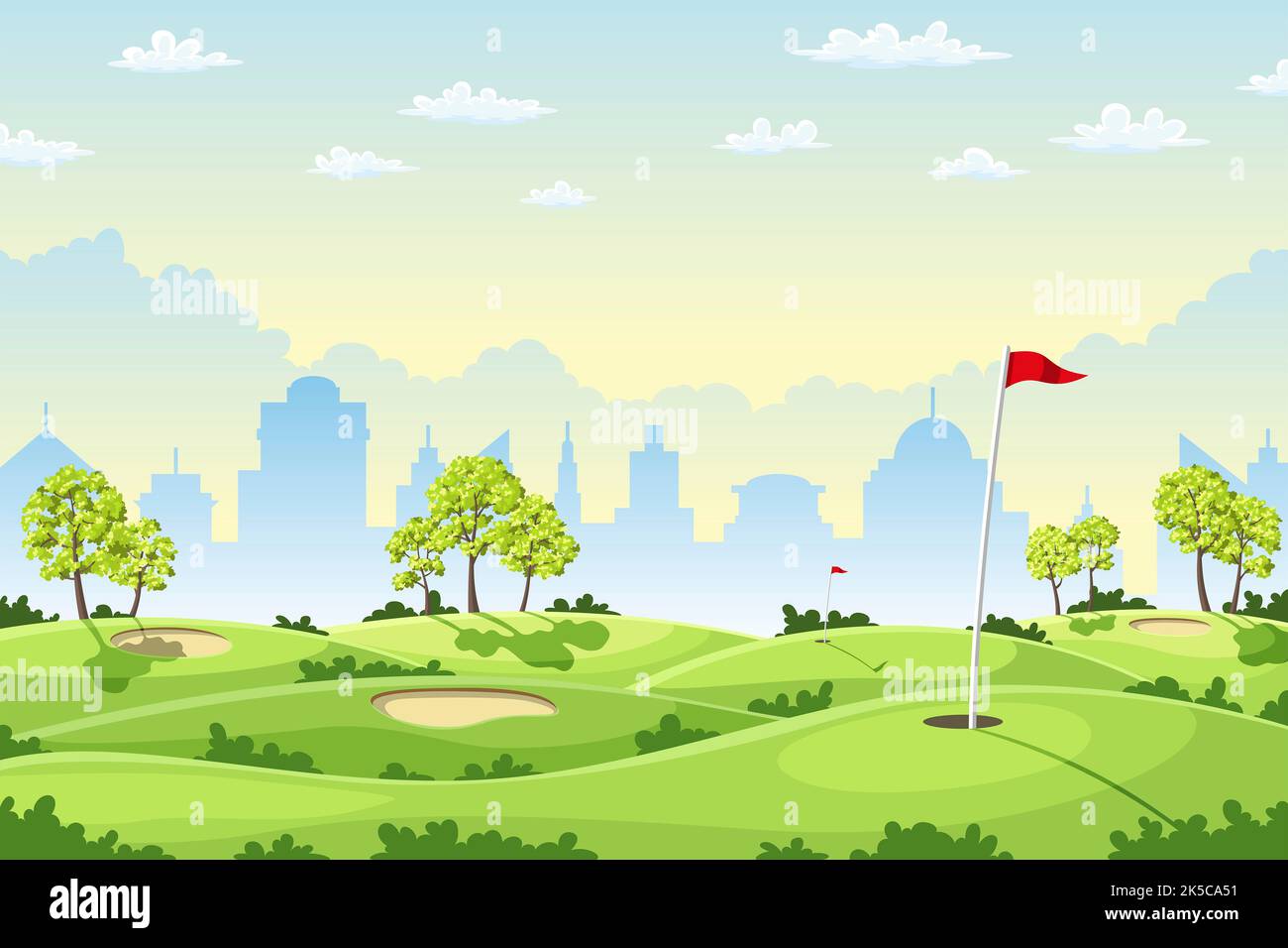Campagna campo da golf con bandiere verdi e bunker di sabbia. Foto Stock