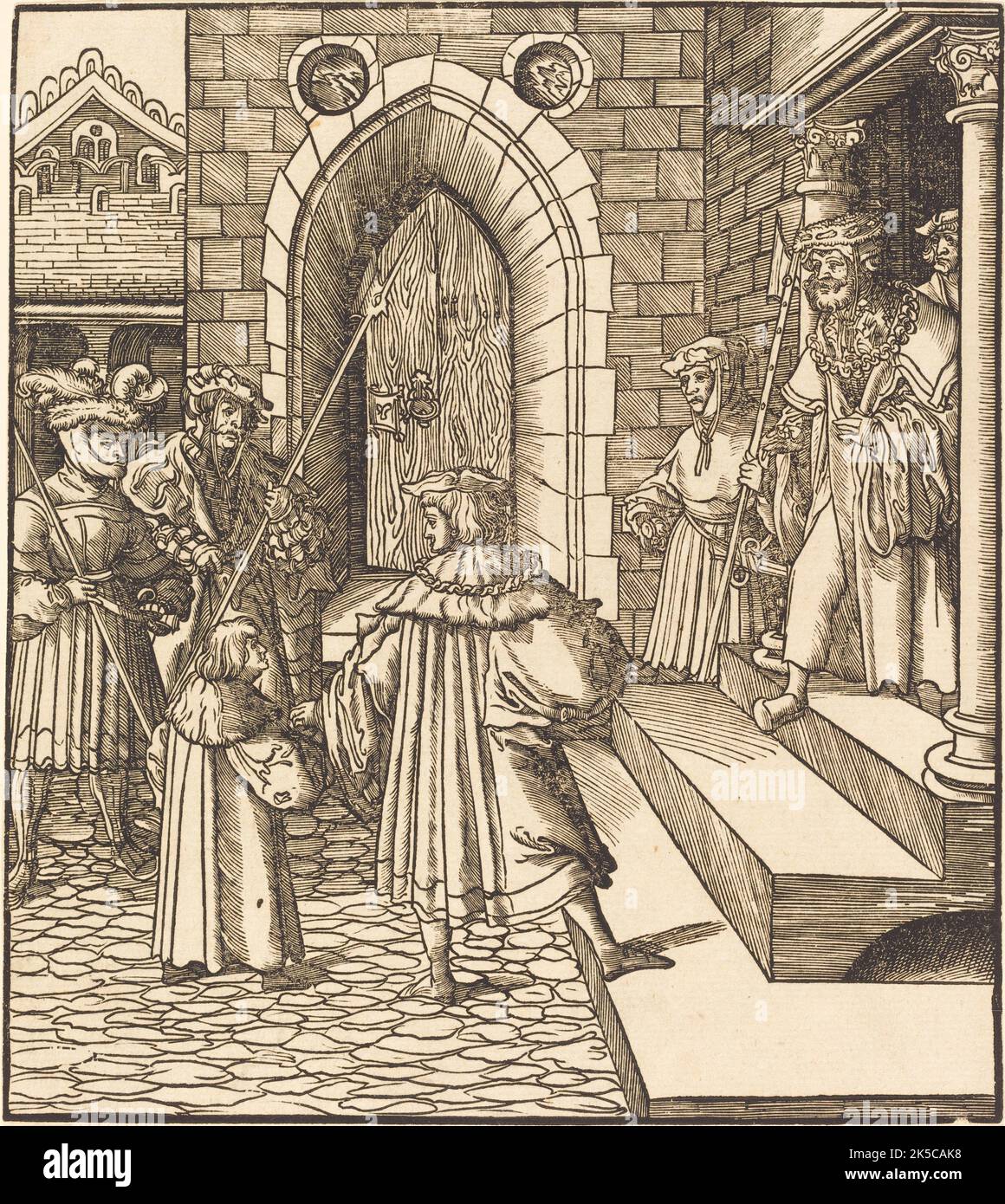 Tre uomini e un ragazzo nella Corte di un castello, a destra tre uomini su una scala, 1514/1516. Foto Stock