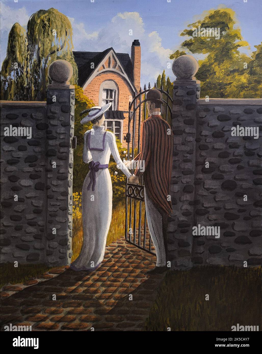 Romantica scena tardo vittoriana di una coppia elegante in procinto di passare attraverso un cancello in pietra giardino verso una casa di campagna in lontananza. Foto Stock