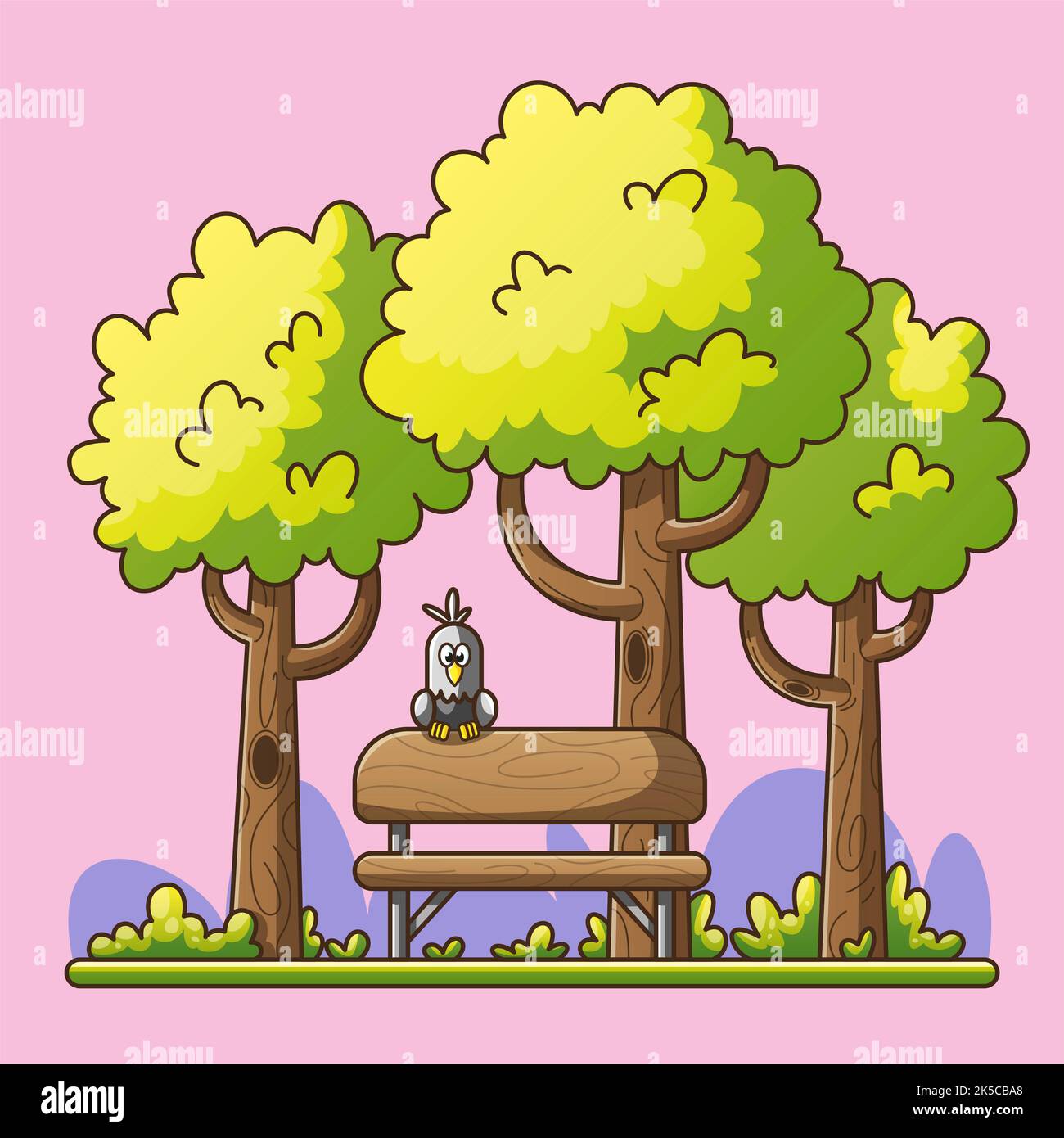 Panchina in un parco. Con alberi e uccelli. Illustrazione in stile comico moderno. Foto Stock