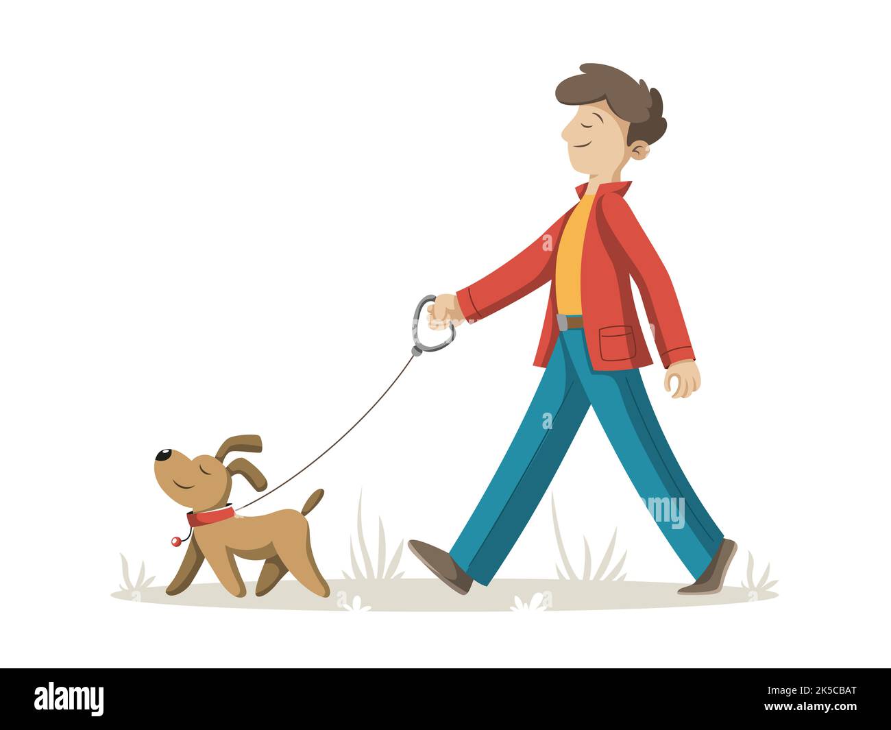 L'uomo cammina con il suo cane. Illustrazione in stile cartoon moderno. Foto Stock