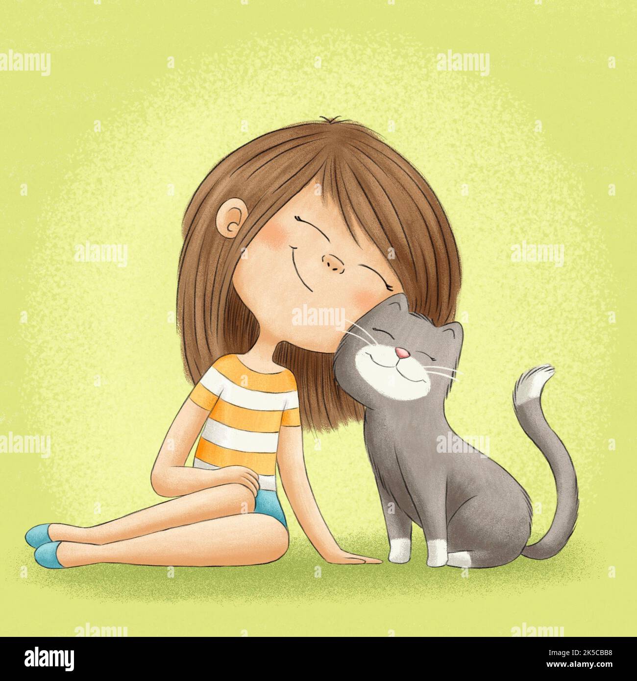 La ragazza si coccola con un gatto. Illustrazione disegnata a mano. Foto Stock La ragazza si coccola con un gatto. Illustrazione disegnata a mano. Foto Stock