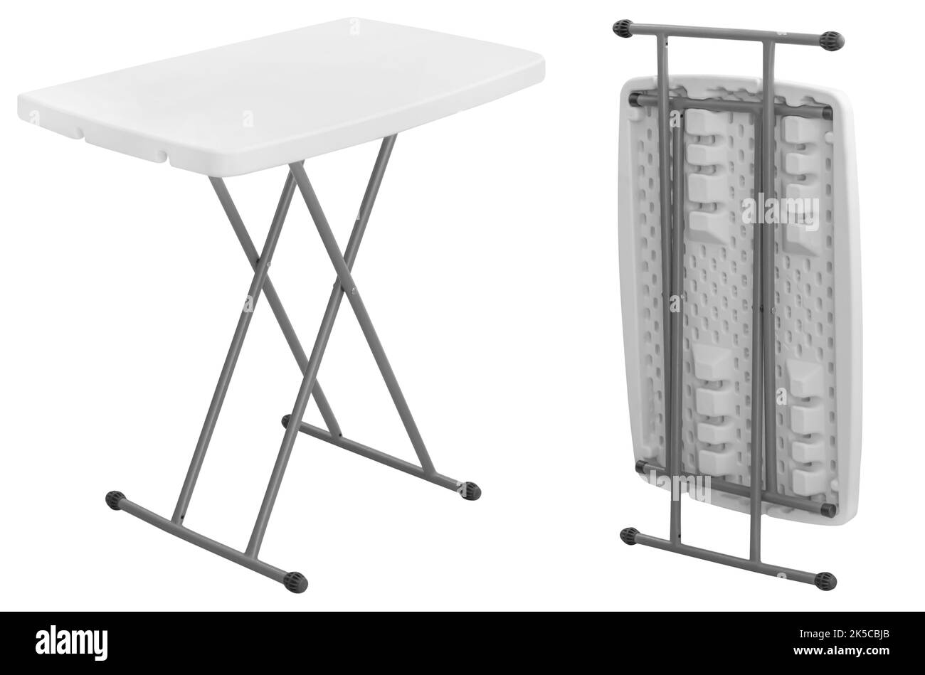 Tavolo pieghevole con piano in plastica e gambe in metallo. Isolato dallo sfondo. Elemento interno Foto Stock