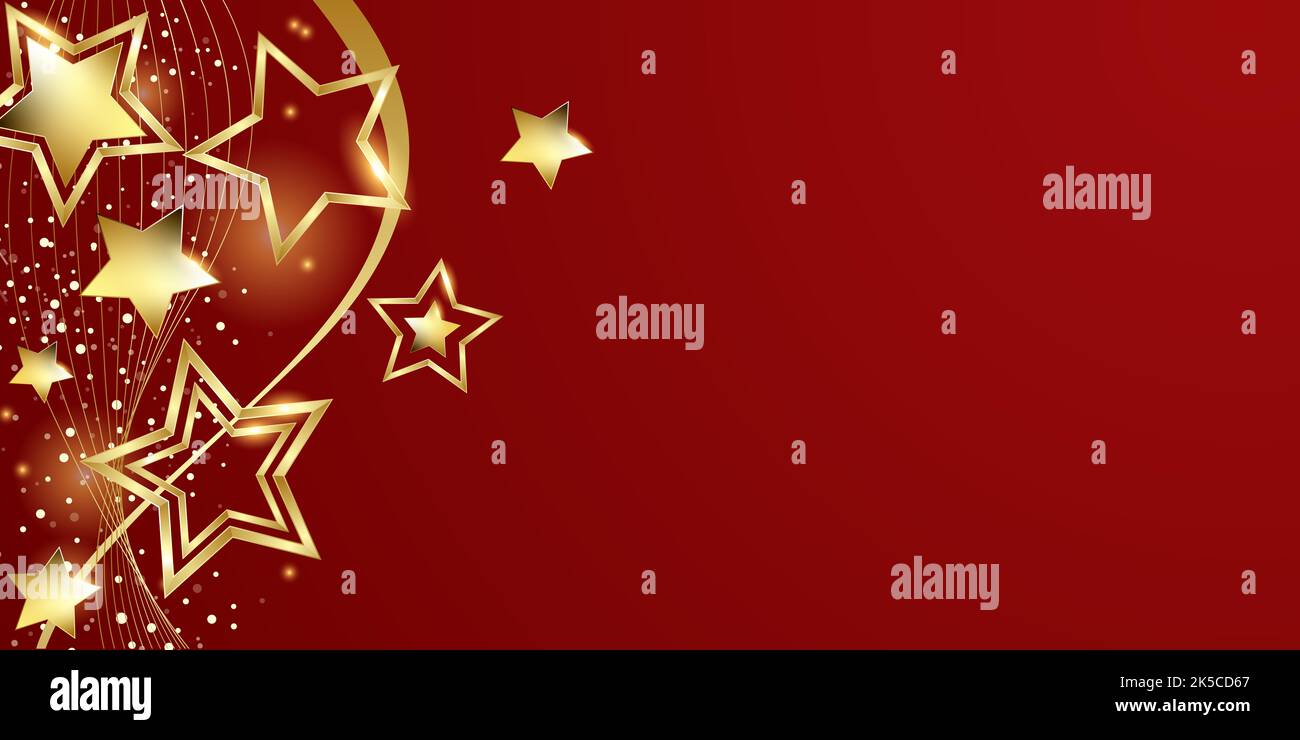 Le stelle dell'oro di Natale su uno sfondo rosso - tema della bandiera di disegno Foto Stock