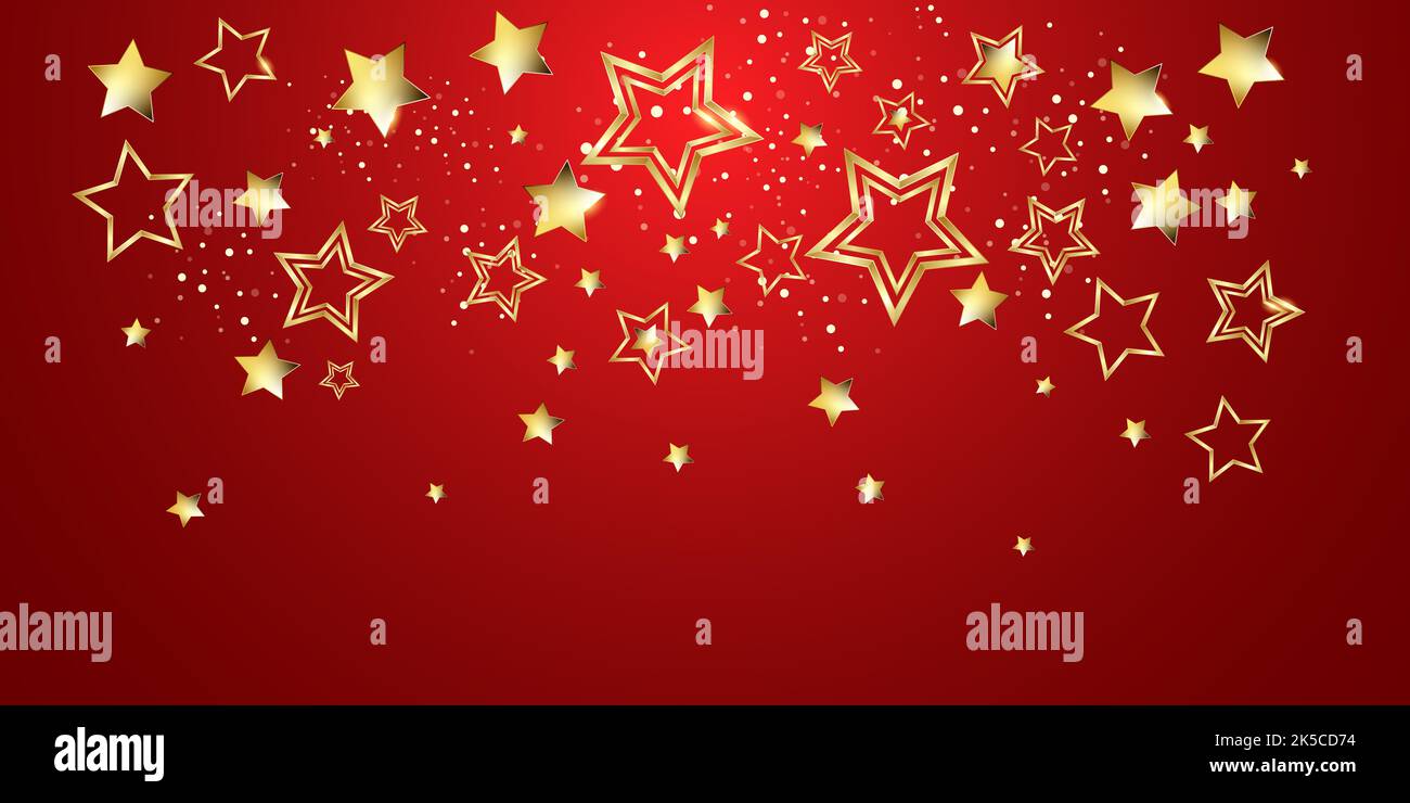 Le stelle dell'oro di Natale su uno sfondo rosso - tema della bandiera di disegno Foto Stock