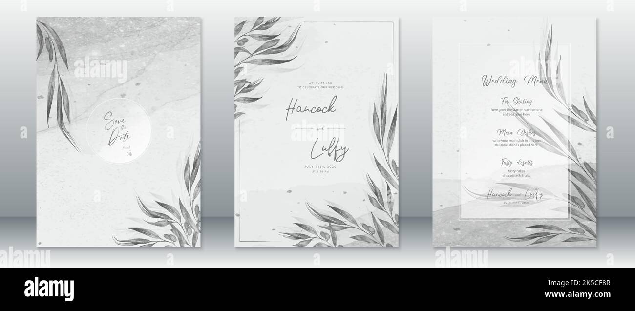 Elegante modello di biglietto d'invito per matrimoni con foglia naturale e sfondo grigio acquerello Illustrazione Vettoriale