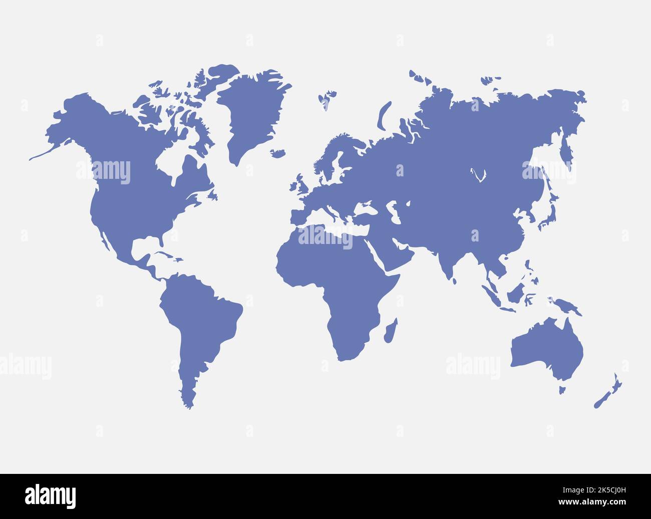 Mappa del mondo di colore blu isolata su sfondo bianco. Modello di mappa del mondo moderno con paesi e continenti come Australia, Europa, Africa, Nord Am Illustrazione Vettoriale