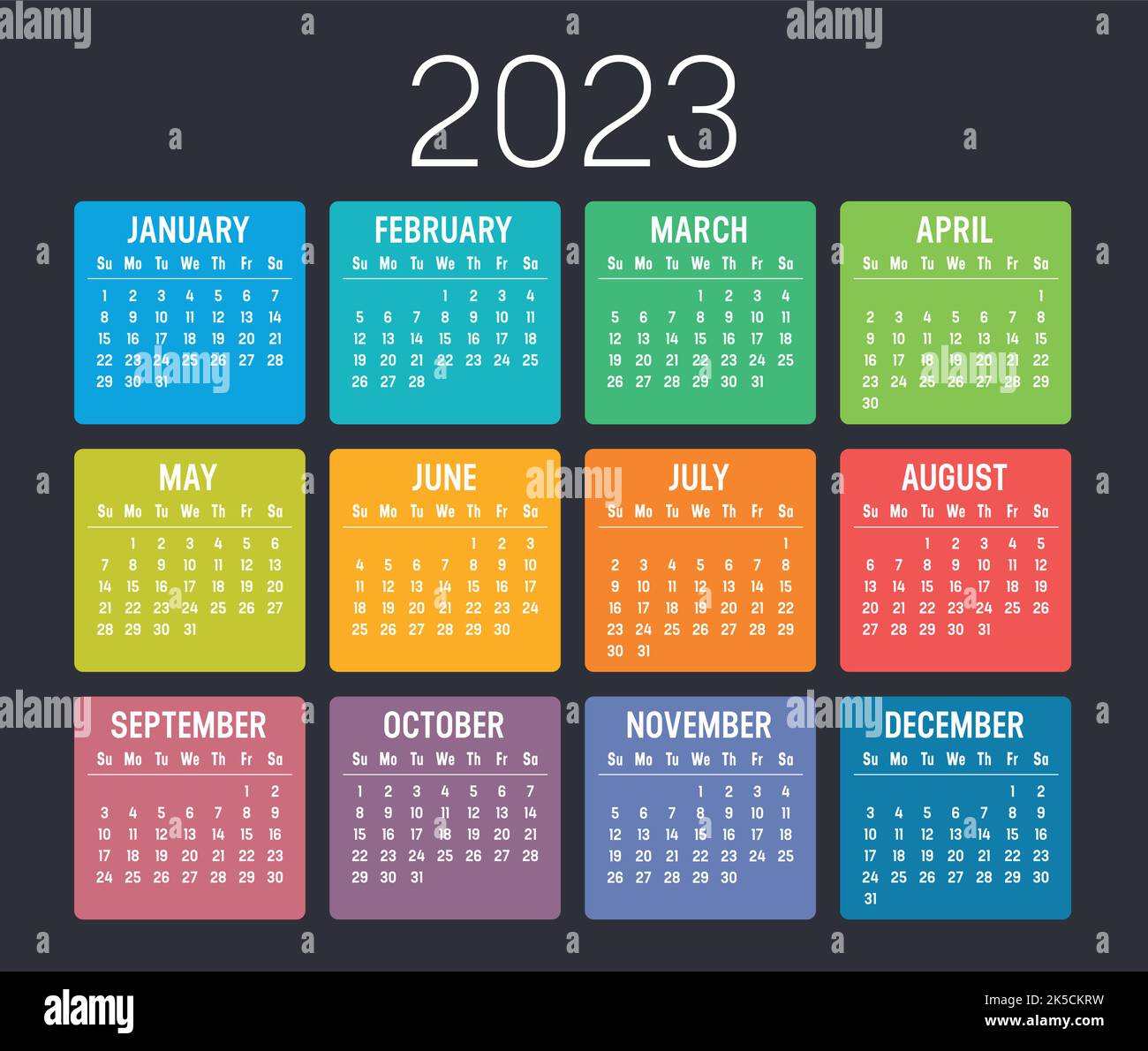 Calendario colorato anno 2023 isolato su sfondo nero. Modello vettoriale. Illustrazione Vettoriale
