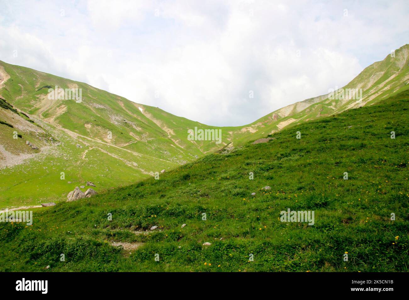 Estate, atmosfera estiva nello Scharnitzjoch Puittal sulle montagne di Wetterstein, Tirolo, Austria, Europa Foto Stock