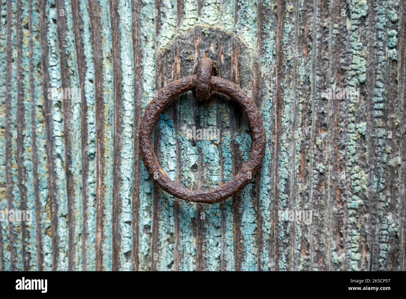 Battito di porta arrugginito su una porta di legno. Foto Stock