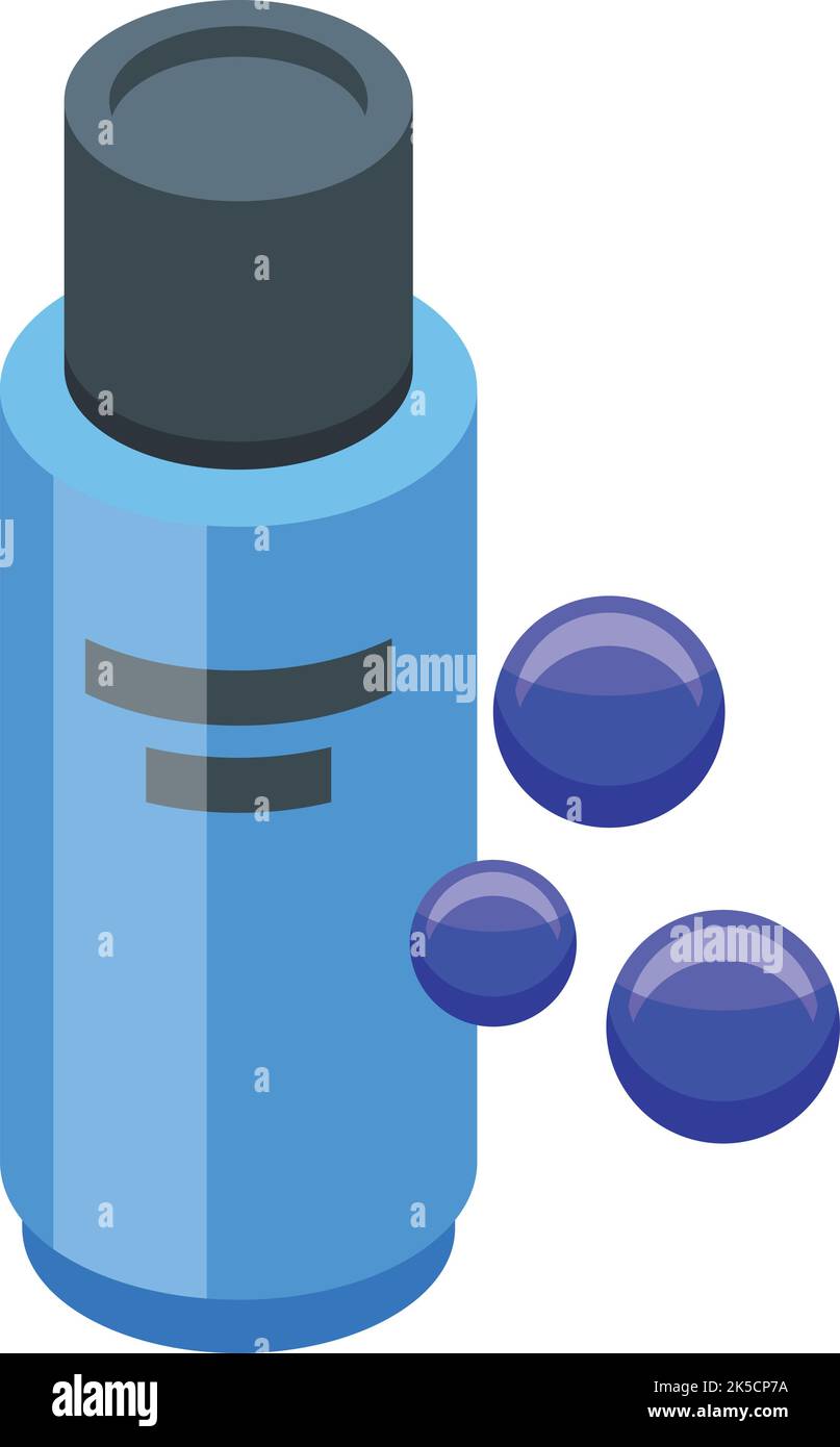Vettore isometrico dell'icona del flacone di collagene. Molecola della pelle. Struttura anatomica Illustrazione Vettoriale