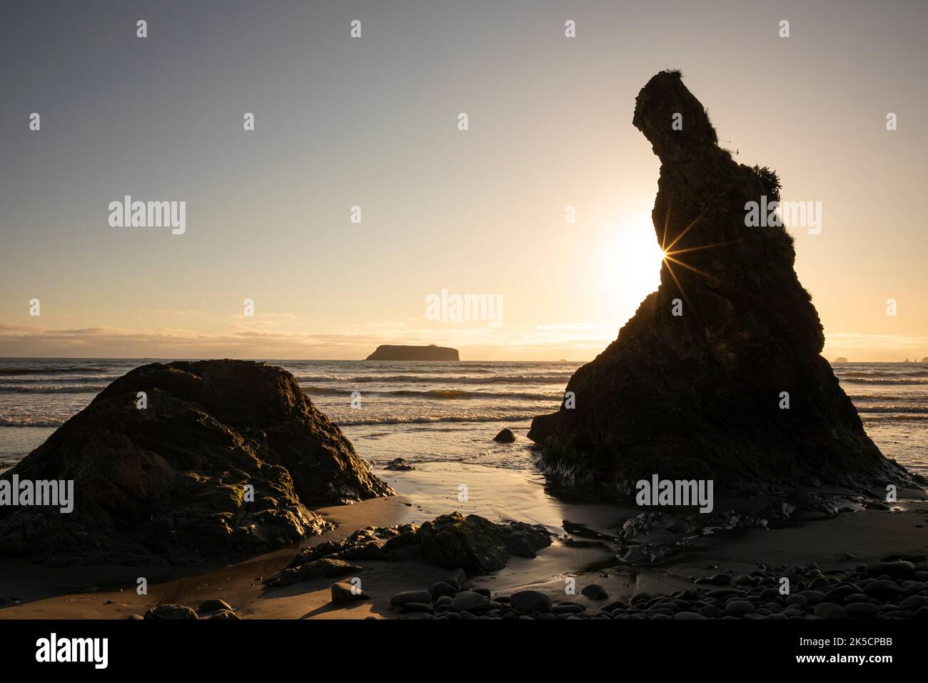 WA22185-00...WASHINGTON - il sole tramontante scompare dietro una strada costiera presso la spiaggia di Mosquito Creek sulla costa selvaggia nel Parco Nazionale Olimpico. Foto Stock