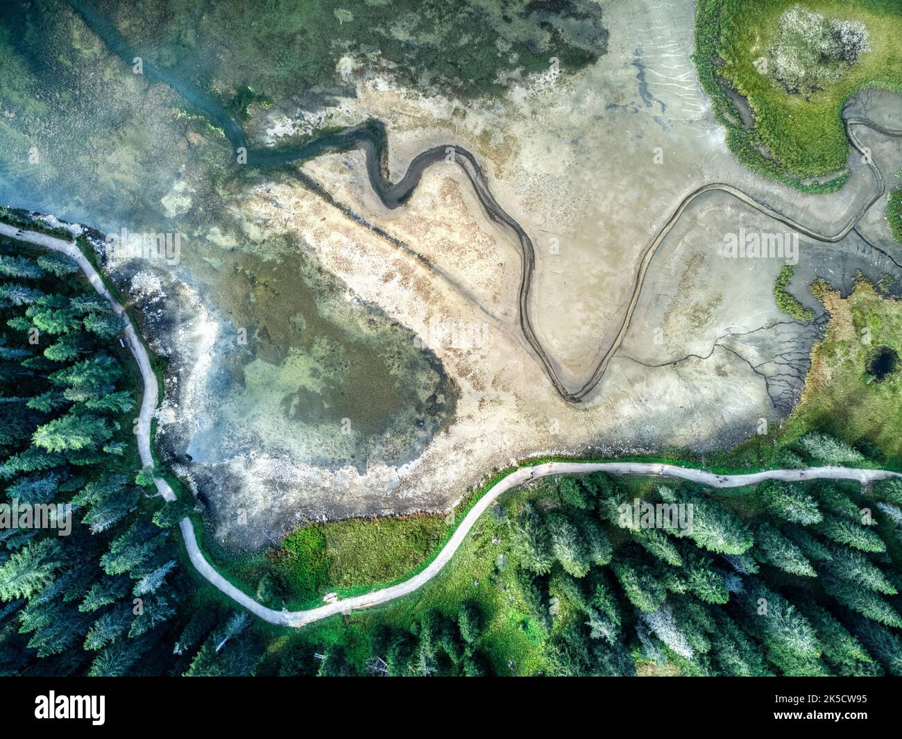 Italia, Veneto, provincia di Belluno, Auronzo di Cadore, Misurina. Mancanza di acqua in un lago alpino a causa del cambiamento climatico, conseguenza dell'arido inverno e dell'estate calda Foto Stock