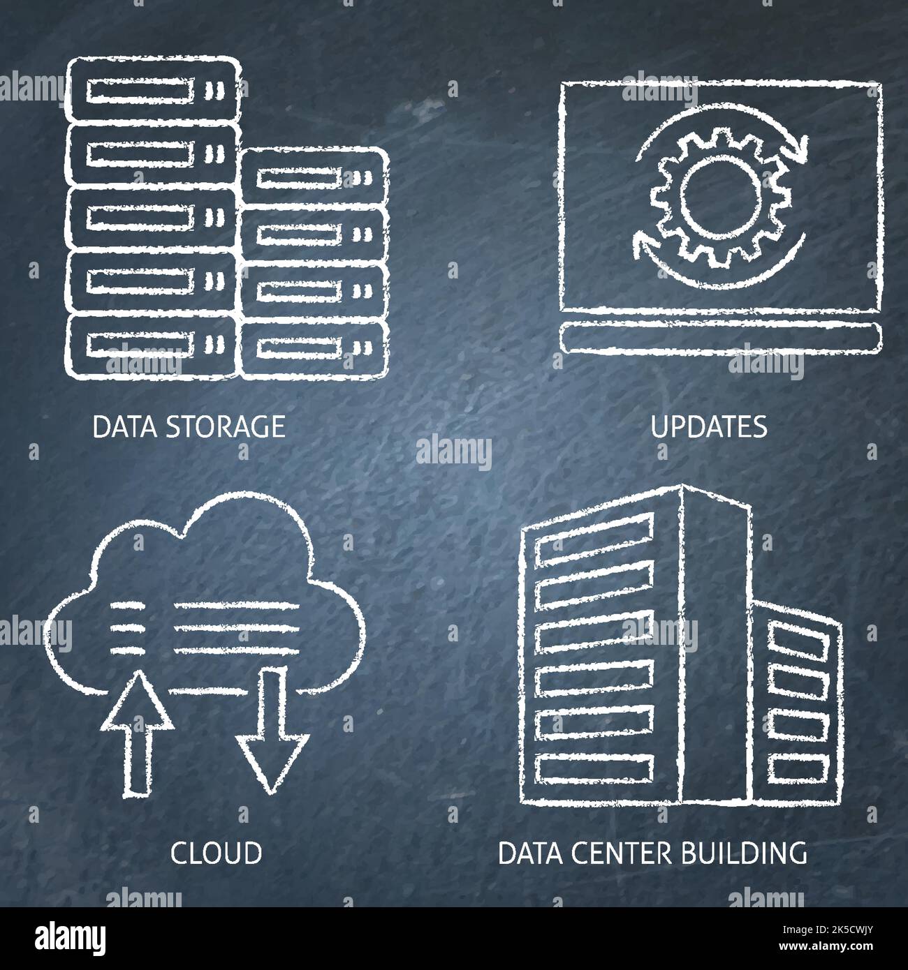 Set di icone per la memorizzazione dei dati e l'aggiornamento della lavagna. Data center, simboli di sincronizzazione cloud. Illustrazione vettoriale. Illustrazione Vettoriale