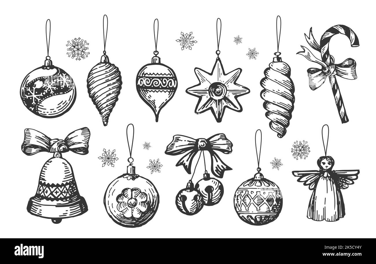 Decorazioni di Natale retrò e la collezione di palle. Set di elementi per le vacanze vintage. Illustrazione del vettore di schizzo disegnato a mano Illustrazione Vettoriale