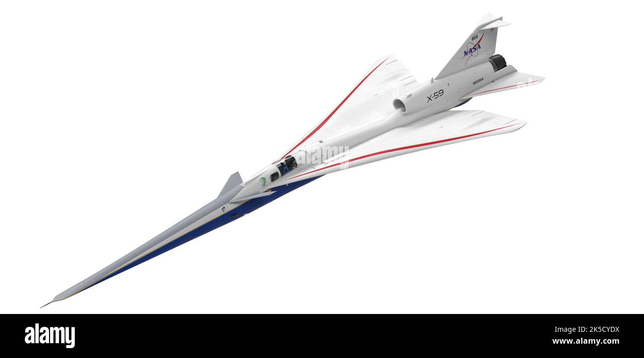 Questo rendering dell'artista fornisce una vista dall'alto di tre quarti dell'aereo supersonico X-59 della NASA, illustrandone il layout dell'ala e della fusoliera. Foto Stock
