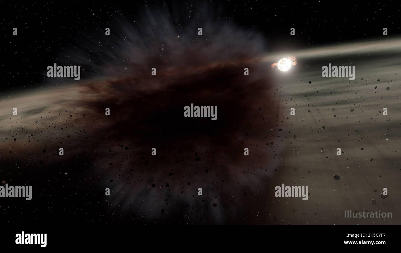 Questa illustrazione mostra come potrebbe apparire da vicino una nuvola di detriti intorno alla giovane stella denominata HD 166191. Gli astronomi che utilizzavano il telescopio spaziale Spitzer, ora ritirato dalla NASA, videro una nuvola di detriti che ostruì brevemente la luce di quella stella. La nuvola è stata probabilmente creata da uno smashup tra due grandi oggetti di dimensioni asteroidi che potrebbero essere i semi di pianeti futuri intorno alla stella. HD 166191 ha circa 10 milioni di anni. In questo periodo della vita di una stella, la polvere lasciata dalla sua formazione si è riunita per formare corpi rocciosi chiamati plantesimali. Gli asteroidi sono plantesimali residui della formazione Foto Stock