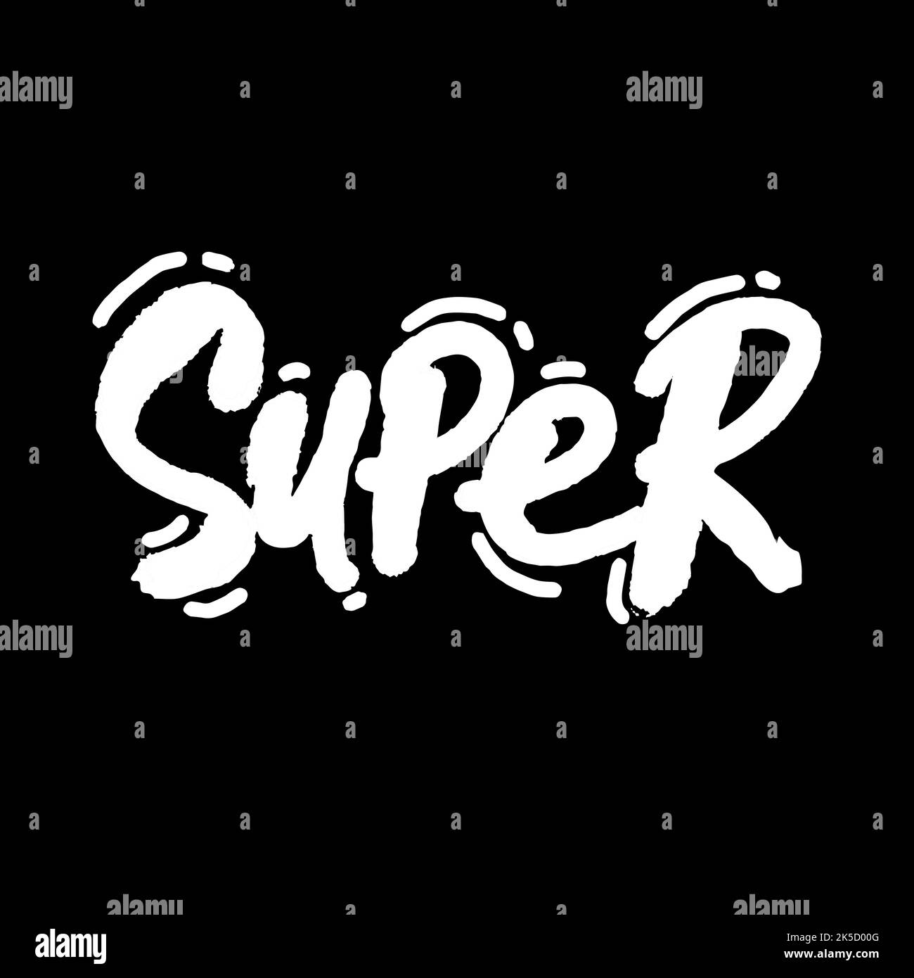 Super - caratteri disegnati a mano. Adesivo per scheda, tazza, poster, etichetta, adesivo, ecc T-shirt design. Illustrazione vettoriale. Isolato su sfondo nero Illustrazione Vettoriale