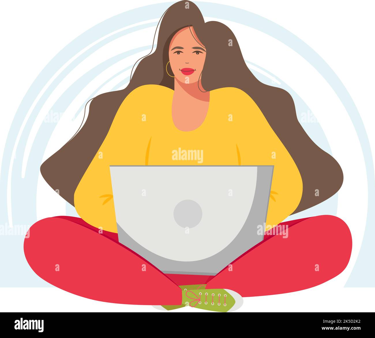 Una donna è seduta in una posizione lotus e lavora su un computer portatile. Illustrazione Vettoriale