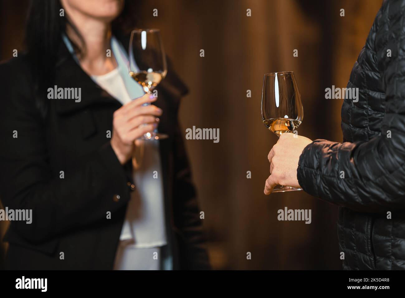 Coppia caucasica in piedi vicino ad una grande botte di legno in una cantina e degustando un vino bianco di qualità Foto Stock