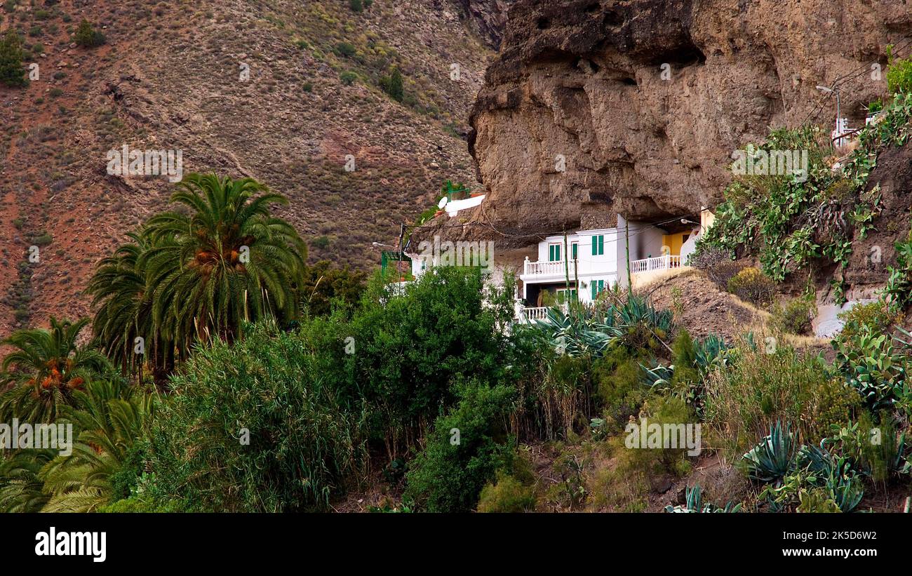 Spagna, Isole Canarie, Gran Canaria, Barranco de la Aldea, muro di roccia, dimora grotta, palme Foto Stock