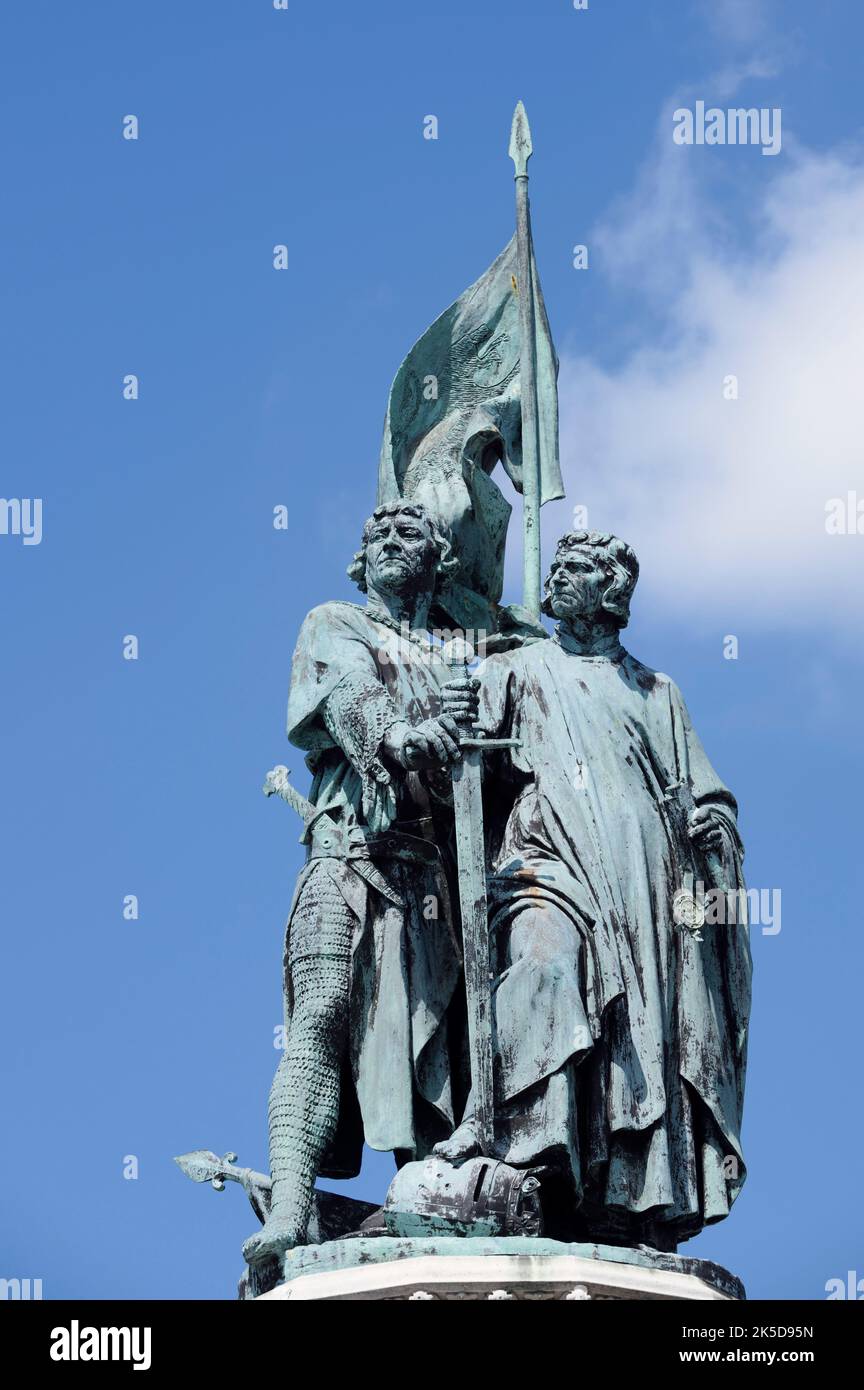 Jan Breydel e Pieter de Coninck Monument, Grote Markt, Bruges, Fiandre Occidentali, Fiandre, Belgio Foto Stock