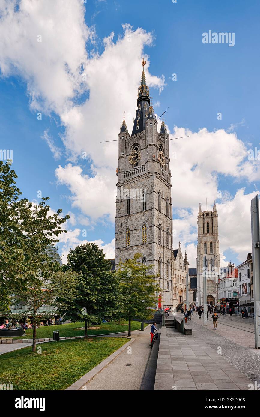 Campanile e Cattedrale di San Bavo, Gand, Fiandre Orientali, Fiandre, Belgio Foto Stock