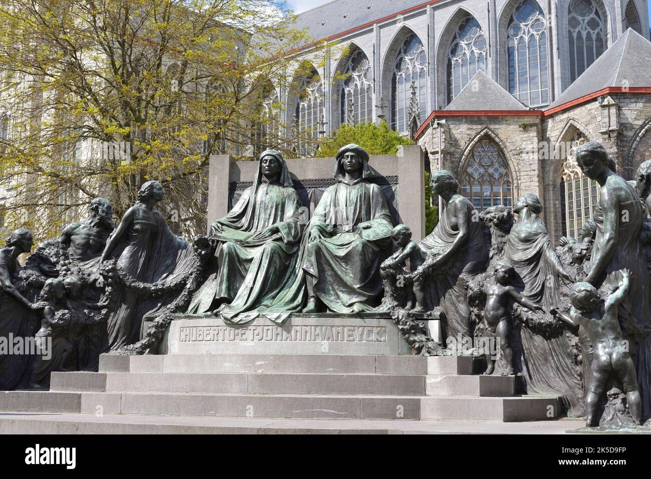 Monumento a Hubert e Jan Van Eyck, Gand, Fiandre Orientali, Fiandre, Belgio Foto Stock
