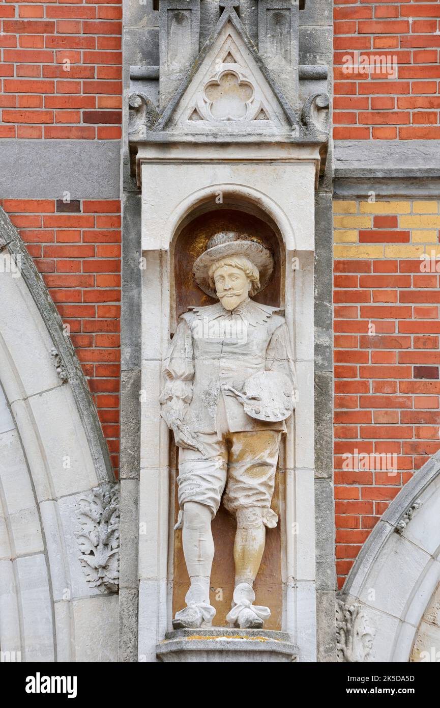 Rijksmuseum, statua sulla facciata, Museumplein, Amsterdam, Olanda del Nord, Paesi Bassi Foto Stock