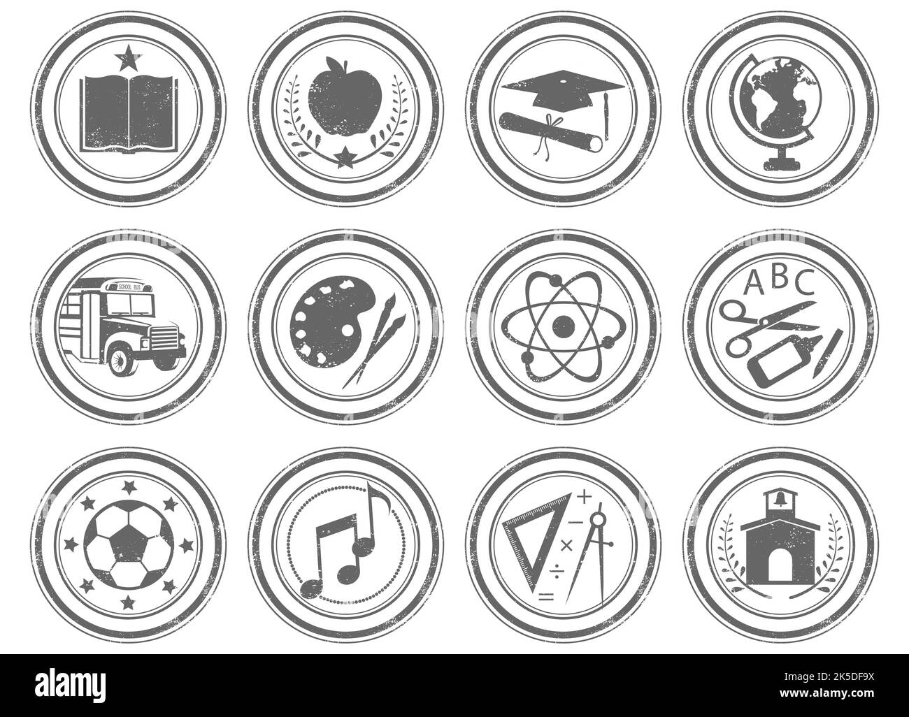 Un set di 12 francobolli unici a tema educativo. Ogni timbro è isolato, raggruppato, etichettato e su un singolo livello. Illustrazione Vettoriale