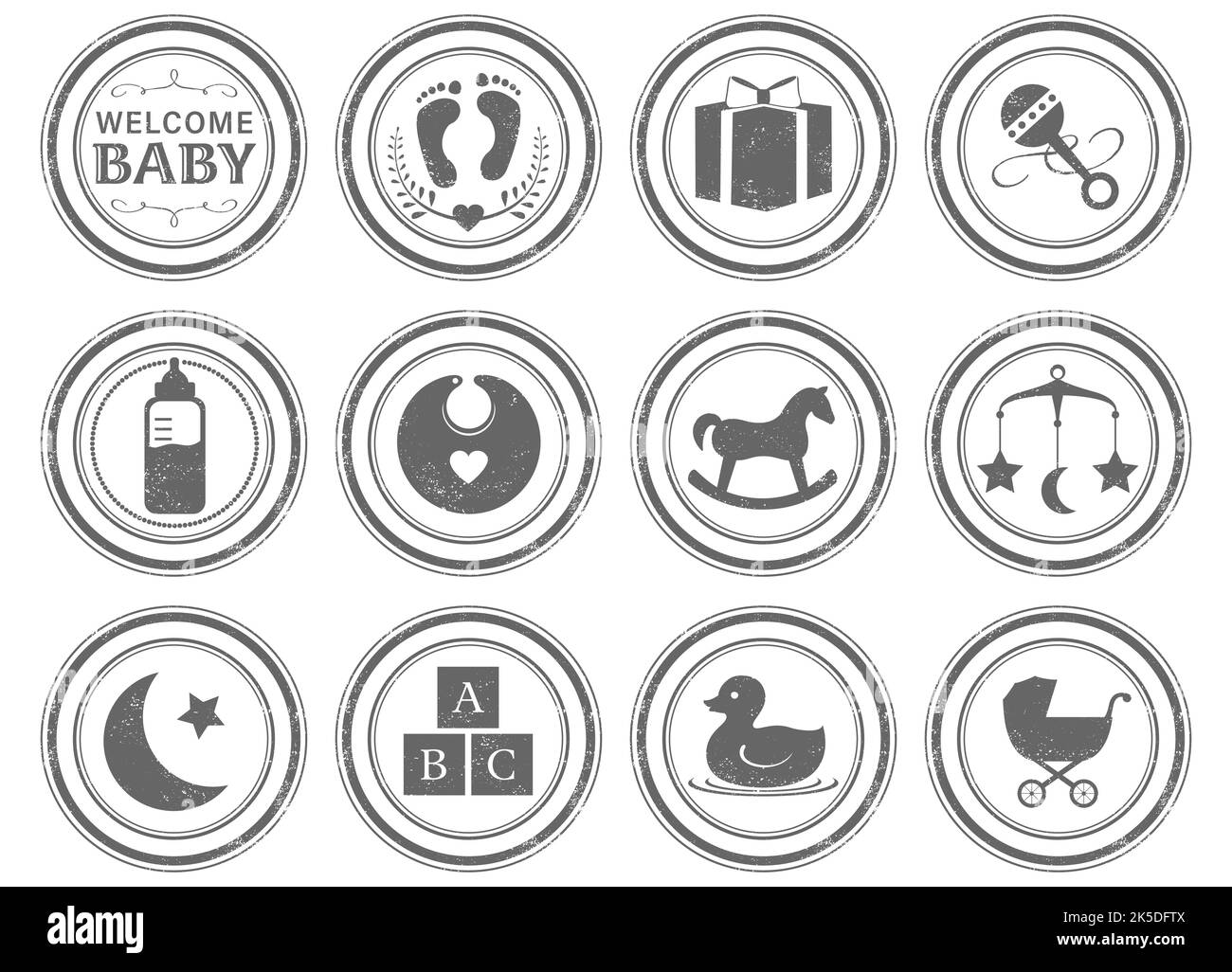 Un set di 12 francobolli grunge unici, a tema bambino. Ogni timbro è isolato, raggruppato, etichettato e su un singolo livello. Illustrazione Vettoriale