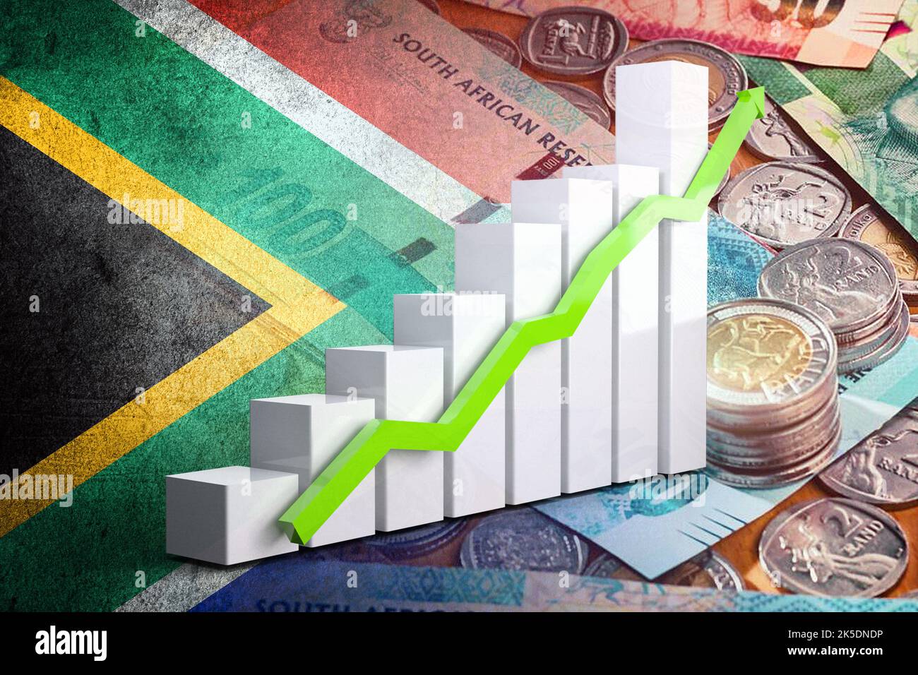 Grafico economico: Freccia verso l'alto, bandiera sudafricana e banconote e monete da Rand Cash sudafricane Foto Stock