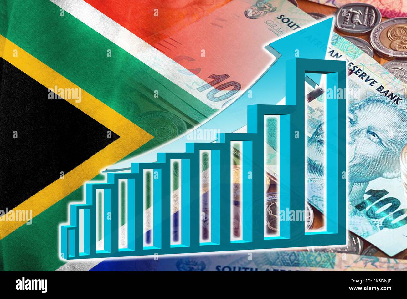 Grafico economico: Freccia verso l'alto, bandiera sudafricana e banconote e monete da Rand Cash sudafricane Foto Stock