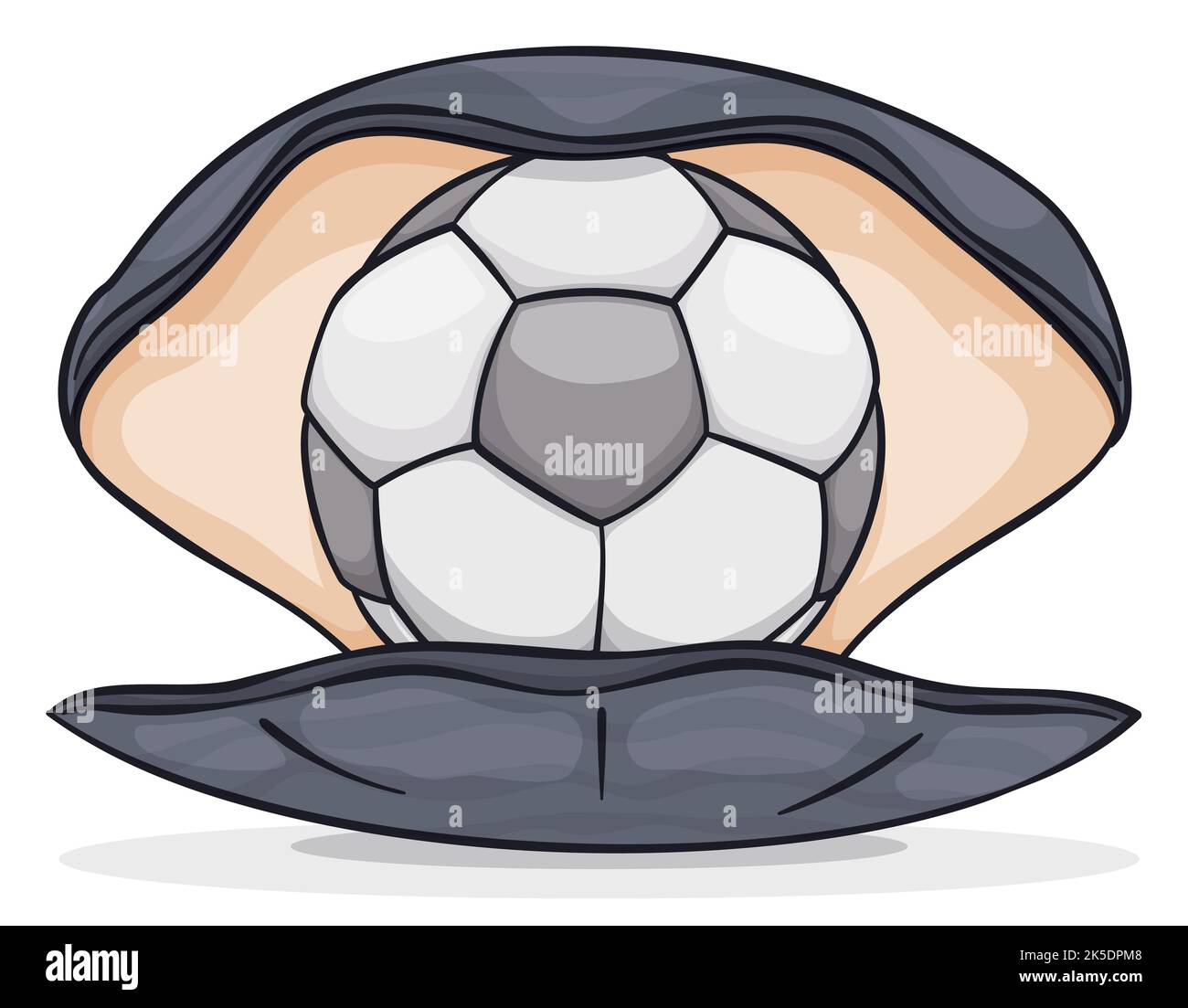 Curioso ostrica aperta, tenendo all'interno di una palla da calcio d'argento come una perla. Design isolato in stile cartone animato. Illustrazione Vettoriale