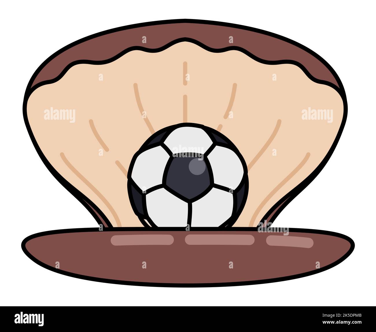 Apri il guscio di ostrica con una palla da calcio come una perla. Design con contorni e stile piatto. Illustrazione Vettoriale