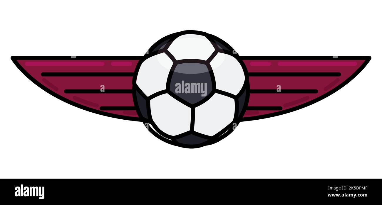 Pallone da calcio decorato con ali di maroon. Design in stile piatto e contorni su sfondo bianco. Illustrazione Vettoriale