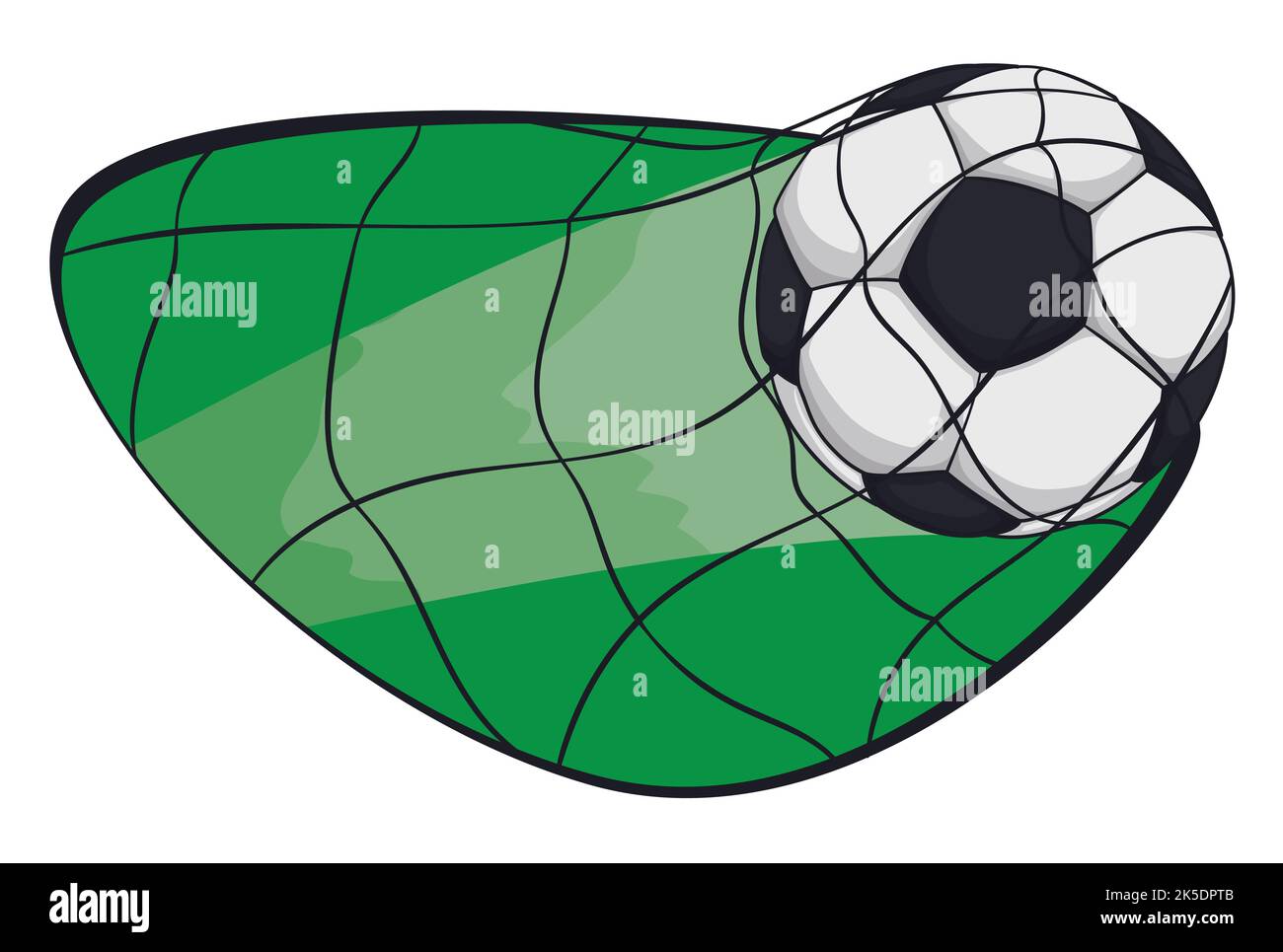 Pallone da calcio veloce segnando un gol nella rete su una forma verde. Design isolato in stile cartone animato. Illustrazione Vettoriale