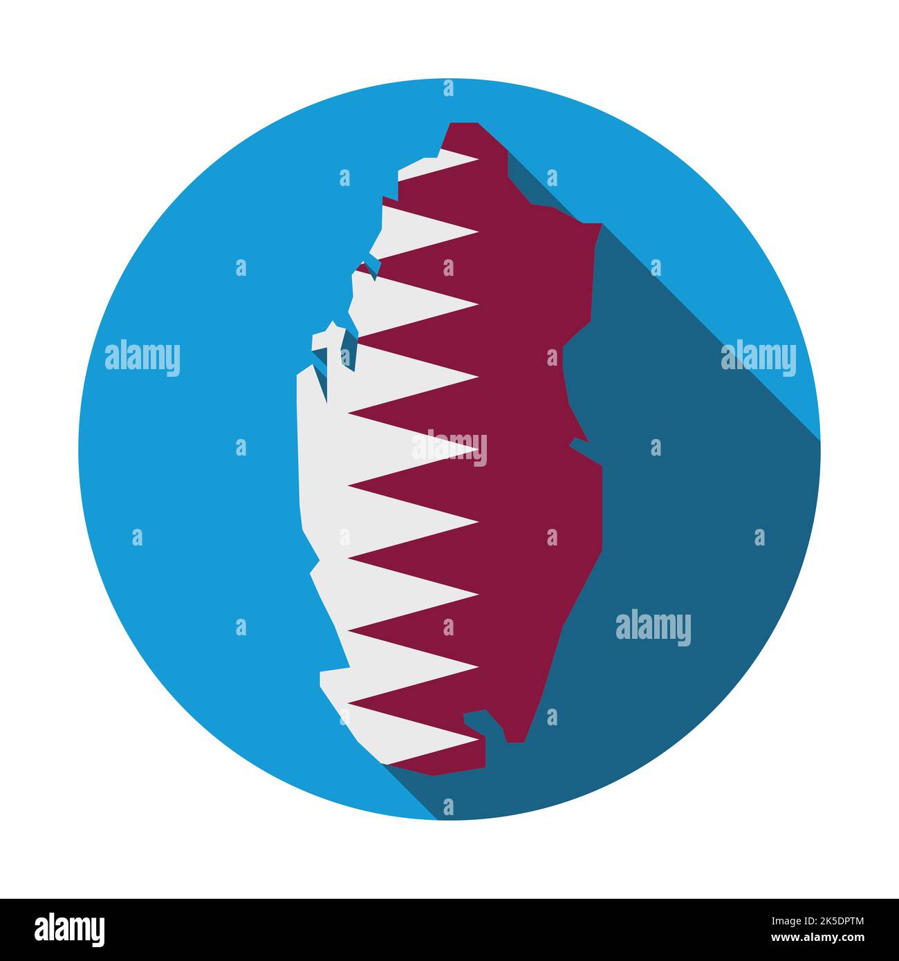 Design in stile piatto e lunga ombra, con pulsante blu e mappa del Qatar decorata con la sua bandiera. Illustrazione Vettoriale