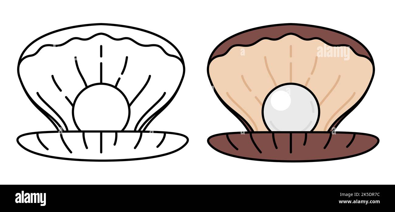 Due ostriche con perle in stile piatto e contorni, una monocromatica e l'altra in versione colorata. Illustrazione Vettoriale