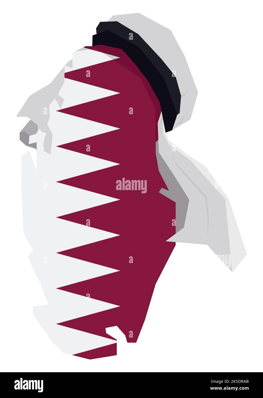 Disegno geometrico della mappa del Qatar con bandiera nazionale al suo interno e keffiyeh bianco in alto, isolato in stile piatto. Illustrazione Vettoriale