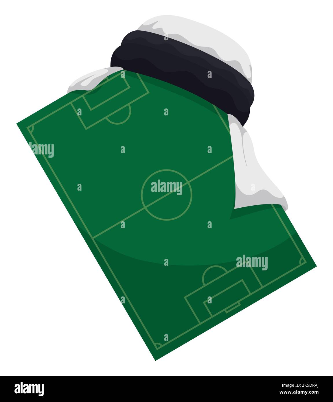 Campo da calcio verde decorato con un keffiyeh bianco arabo. Design in stile cartoon su sfondo bianco. Illustrazione Vettoriale