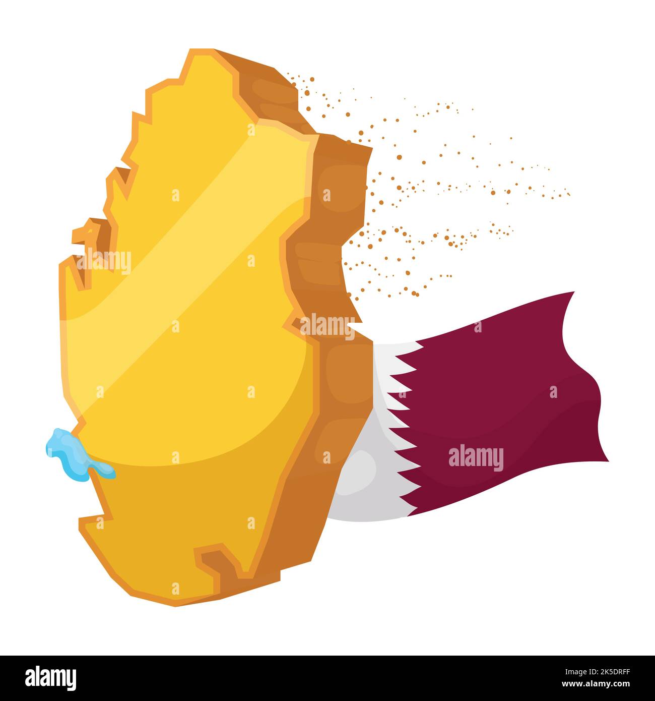 Mappa estrusa e dorata del Qatar con polvere di sabbia, gocce d'acqua e bandiera nazionale ondulata. Design in stile cartoon su sfondo bianco. Illustrazione Vettoriale