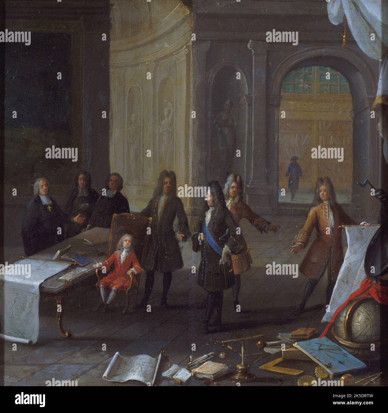 Luigi XV come bambino che riceve una lezione, alla presenza del Cardinale de Fleury e del Reggente, tra il 1715 e il 1725. Foto Stock