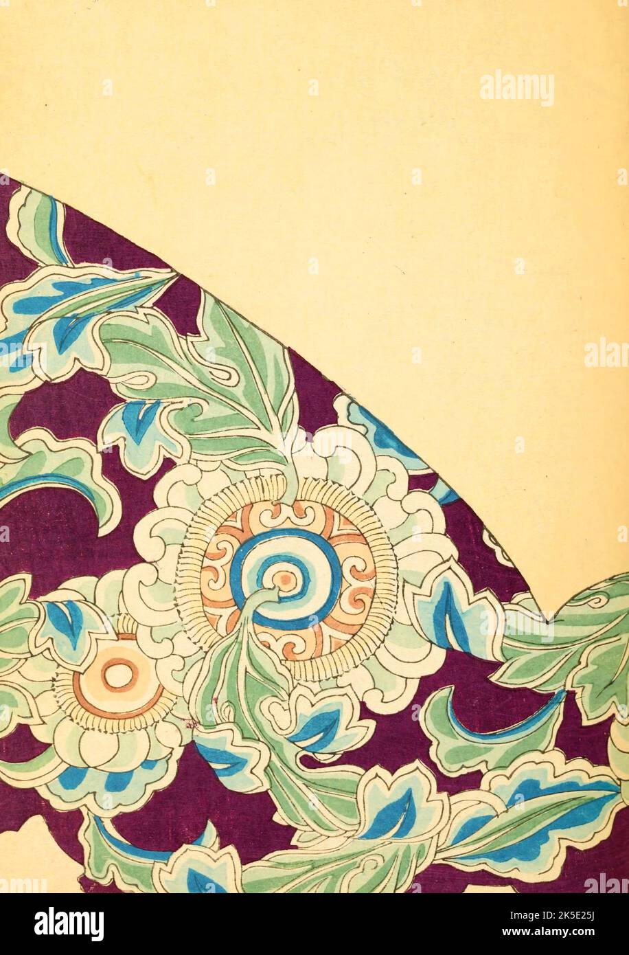 Design con foglie e fiori. La rivista di design Shin-Bijutsukai in lingua giapponese 1901-1902, è stata edita dall'illustratore e designer Korin Furuya (1875-1910) e conteneva i disegni dei migliori artisti del tempo. Un pittore di Meji, Korin insegnò alla Scuola Comunale di Arti e Mestieri, ed era uno dei più importanti stampatori di blocchi di legno del tempo. Una stampa ottimizzata e migliorata da Shin-Bijutsukai Design Magazine, Volume 1. Foto Stock