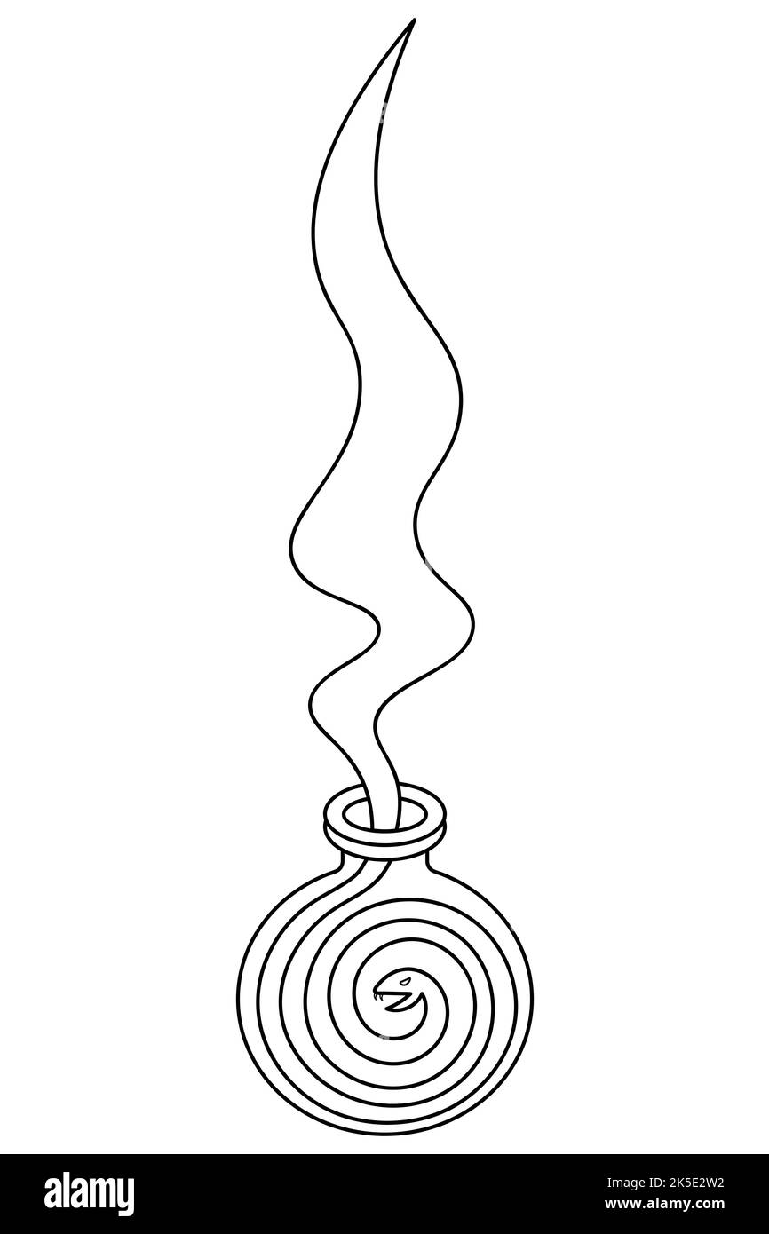 Bottiglia di veleno. Dalla bolla emergono coppie magiche in forma di serpente. Illustrazione vettoriale. Contorno su sfondo bianco isolato. Stile Doodle Illustrazione Vettoriale