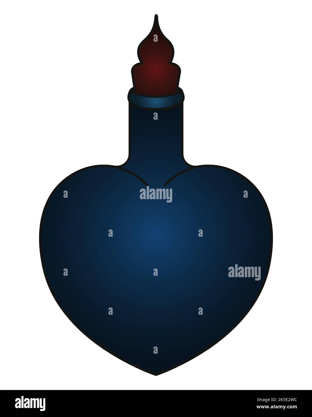 Una bottiglia di pozione d'amore. Vaso a forma di cuore. Illustrazione vettoriale a colori. Sfondo isolato. Stile cartone animato. Una bevanda miracolosa. Illustrazione Vettoriale